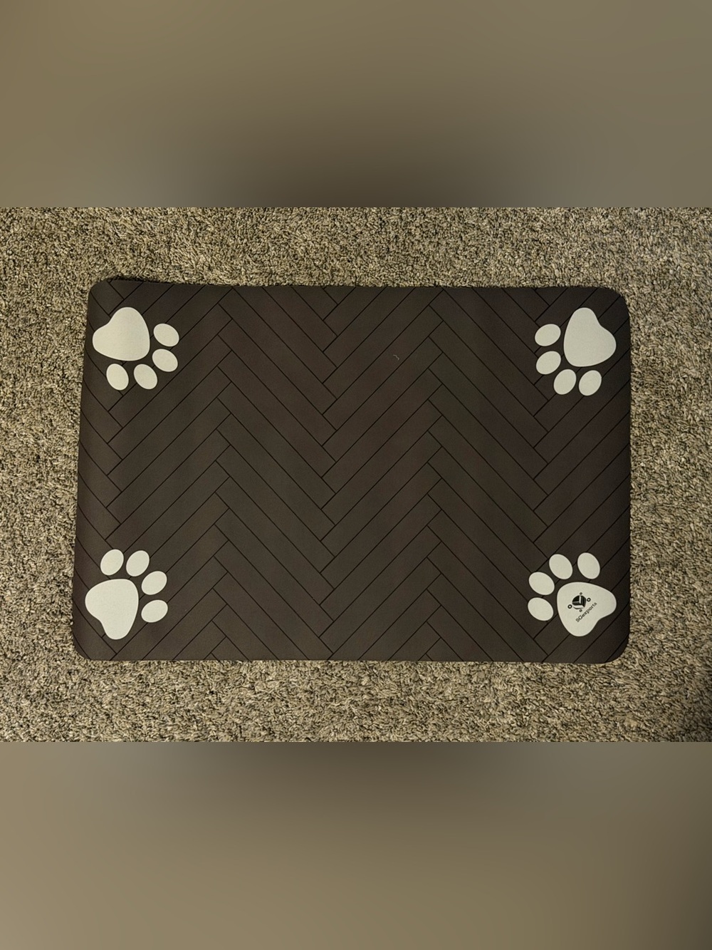 Dark Brown Paw Prints and Chevron Design Pet Food Mat 23”x15”